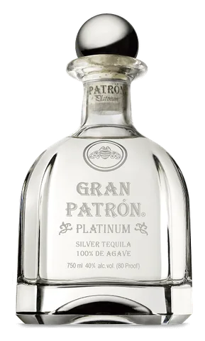 A Gran Patrón Platinum tequila bottle with a round stopper finished in silver