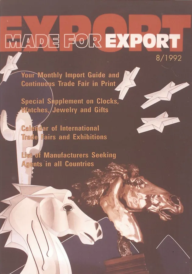 Obálka časopisu Made for Export, srpen 1992, se sochami koňských hlav od D’Argenty ve stříbře a zlatě