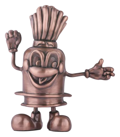 The Pelón Pelo Rico candy character with arms open, finished in copper